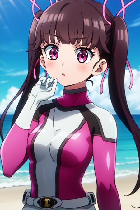 HaruArisugawaR4, 1girl, purple eyes, brown hair, twintails, ribbon, long hair,  pink sentai suit, bodysuit, white gloves,