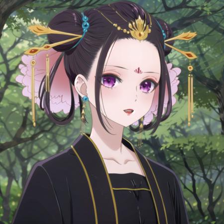 black hair,hair ornament,makeup,facial mark,chinese clothes,forehead mark,hair bun,jewelry,earrings,collarbone,purple eyes,hair stick,red lips,lipstick,hair rings,eyeshadow,black hanfu,double bun,parted lips,long sleeves,wide sleeves,pale skin