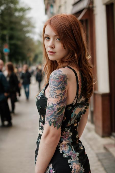 <lora:LassSD:0.8> , full color portrait of a tattooed young woman, wearing a dress, in a crowded street, natural light, RAW photo, subject, 8k uhd, dslr, soft lighting, high quality, film grain, Fujifilm XT3