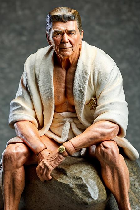 RAW,masterpiece, best quality,extremely detailed, figma,8k,wallpaper,(Award Winning Digital Artwork:1.3) of (Ultra detailed:1.3),(Lustful:1.3),(sexy:1.3) full figure, (Ronald Reagan:1.3), sittin in stone, (a bald eagle perching:1.2), red and gold robe, rtx, octane,(by Artist WLOP:1.3),CGSociety,ArtStation,(close portrait:1.3),(beautiful:1.4),(attractive:1.3),handsome,calendar pose,perfectly detailed eyes,studio lighting,thematic background, <lora:figmaAnimeFigures_figmaAlpha16:0.7>