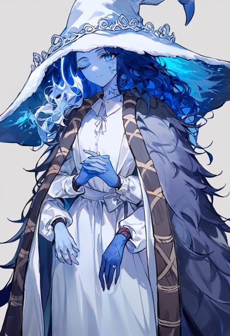 1girl,ranni the witch,white witch hat,blue ring,white dress,grey fur cloak,blue hair,blue eyes,one eye closed,blue skin,cracked skin,doll joints,extra arms,extra faces