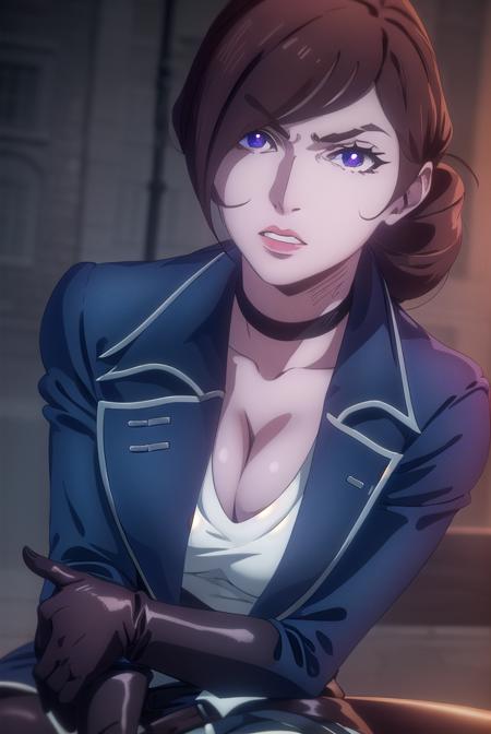 castlevaniajulia, brown hair, (purple eyes:1.1), short hair, hair bun, mole, makeup, single hair bun, lipstick, mole under mouth, red lipstick, shirt, gloves, cleavage, collarbone, jacket, white shirt, choker, black gloves, belt, pants, blue jacket, brown pants,