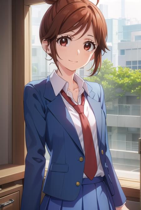 natsukienomoto, <lora:natsuki enomoto movie-lora-nochekaiser:1>,
natsuki enomoto, short hair, brown hair, (brown eyes:1.5), hair bun, single hair bun, (swept bangs:1.5), smile,
BREAK skirt, school uniform, jacket, pleated skirt, necktie, blazer, blue blazer, shirt, white shirt, collared shirt, red necktie, blue skirt,
BREAK indoors, classroom,
BREAK looking at viewer, (cowboy shot:1.5),
BREAK <lyco:GoodHands-beta2:1>, (masterpiece:1.2), best quality, high resolution, unity 8k wallpaper, (illustration:0.8), (beautiful detailed eyes:1.6), extremely detailed face, perfect lighting, extremely detailed CG, (perfect hands, perfect anatomy),