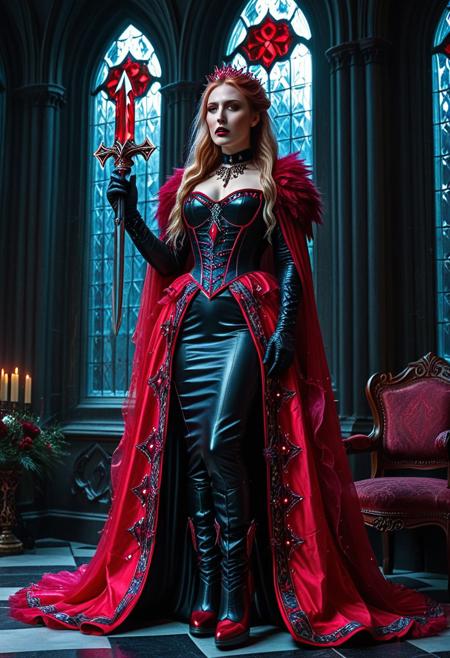 (rp_slgd:1.78), (rp_slgd cathedral:2), indoors, standing, 1woman, solo, long hair, black choker, eyeliner, gorgeous lips, covered breasts, cinematic, best quality, ultra-detailed, very aesthetic, (natural eyes:1.4), freckles, aloof, (masterpiece:1.1), small waist, fitness body, wide hips, 32 years old, golden blond hair, censored, (big stained glass windows:1.4), (rp_slgd Victorian dress:2), (red ruby clothes:1.6), high end closure, Evil Queen, cinemascope, moody, epic, gorgeous, film grain, natural hands, red elbow gloves, knee boots, dramatic, ritual magic, freyja, auburn hair, braided hair, magic, forest, Viking queen, mythic beauty, feathered cloak, fur, armor, robe, braid, rune jewelry, photorealistic, cinematic, flowers, jewelry, photorealism, cinematic lighting, high fantasy, mythic portraiture, soft background, northern folklore aesthetic, (fully dressed:2), (RAW photo), 4K, best quality, realistic, photorealistic, masterpiece, extremely detailed, an extremely delicate and beautiful, dynamic, realistic anatomy, candle lighting, perfect shading, professional shading, depth of field, great lighting, goth wedge boots, elegant, gorgeous, highly detailed, detailed fluorescent hair with dark roots, 35mm, f1.4, dark lipstick, full shot photo, perfect face, perfect anatomy, cute, beautiful, perfect beauty, amazing beauty, absolutely perfect, perfect skin, gentle, highly detailed, breathtaking, clear skin, (rp_slgd sword).