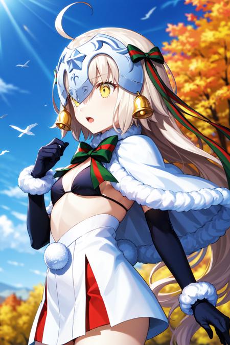 aasl, long hair, ahoge, headpiece, bell, hair ribbon, white capelet, striped bow, fur trim, bikini top only, black bikini, elbow gloves, black gloves, white skirt, pom pom (clothes), black thighhighs