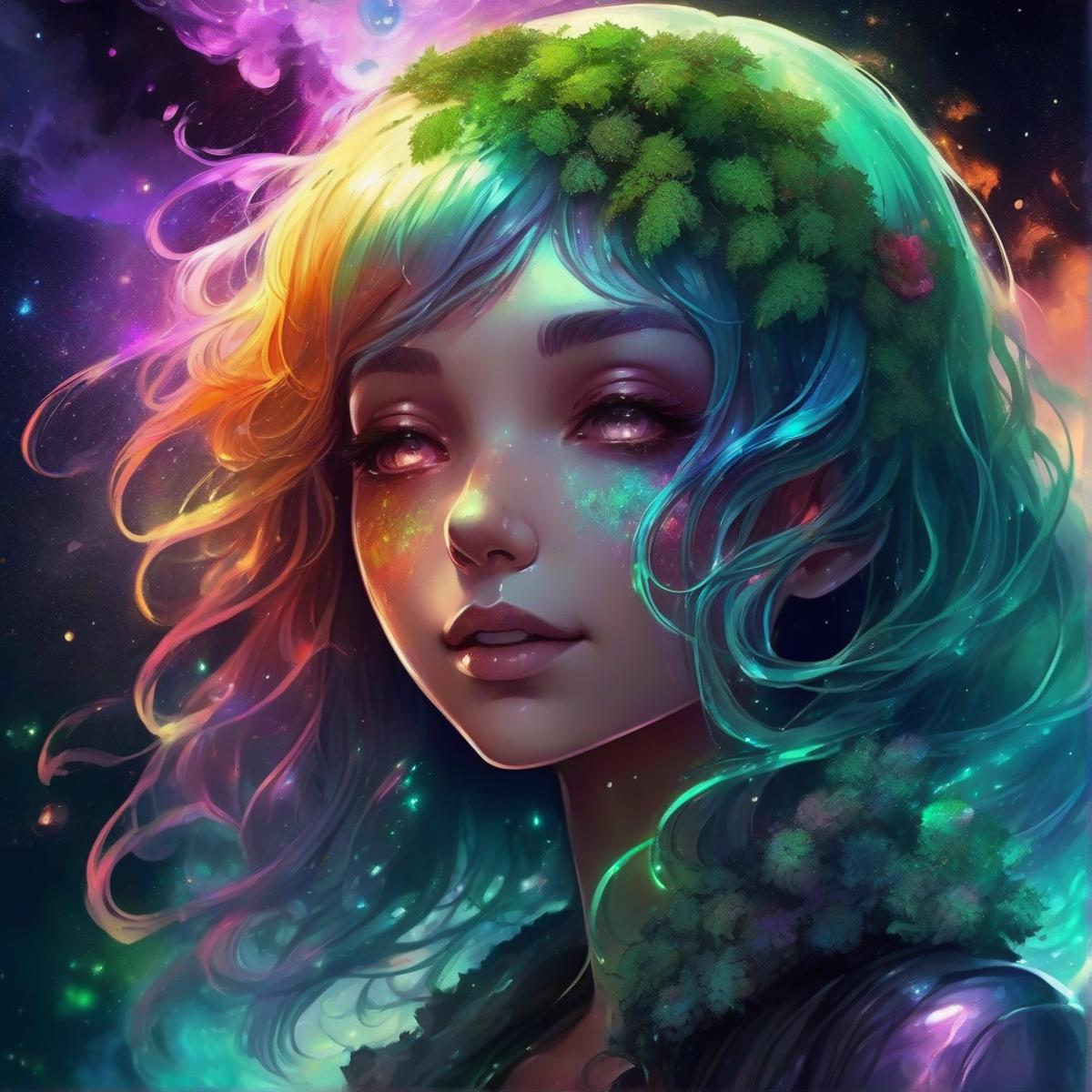 rainbow glowing hair, anime girl with moss And mold around her, detailed portrait, close up, space background behind her, ...