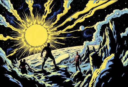 Comic book in the style of Jack Kirby, a 'super hero' stupidly brings the sun to the Earth's surface, chaos ensues,