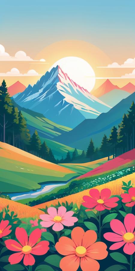 artwork of graphic design,flat design of one retro,colorful shades,highly detailed clean,vector image,photorealistic masterpiece,professional photography,realistic mountain,simple sunrise backdrop for mount,flat white background,Gesang flowerï¼isometric,vibrant vector,