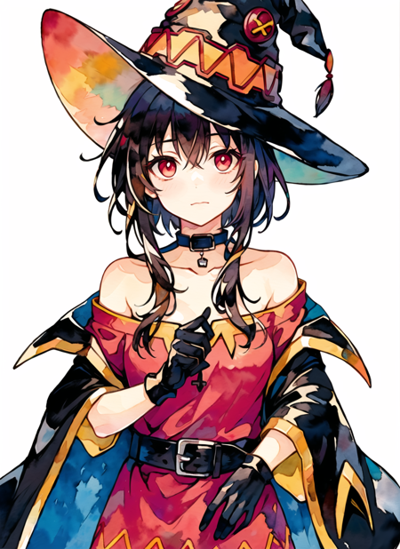 akagi shun, megumin, 1girl, bare shoulders, black cape, black gloves, black hair, blush, cape, choker, collarbone, dress, hair between eyes, hat, long sleeves, looking at viewer, medium hair, off-shoulder dress, off shoulder, red dress, red eyes, sidelocks, solo, witch hat,  ((masterpiece)), (watercolor) <lora:akagi_shun_offset:1>