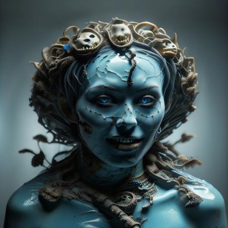 A close-up portrait photograph, The sexy and sassy brunette blue skin oversized exaggerated grotesque teeth, horny alien twin priestess of the sacred watermelon temple. , flower field and ayahuasca, 1970s science fiction b-movie, technicolor, 3d stereoscopic cinematic photograph, Polyacrylic resin, glossy, melted plastic, stretched rubber faces, Leica M3, in the style of science fiction rococ, snake tattoos, hoph fibration bundles each rotated axis distorting space, time and warping light, randomizing optical flow back, teeth, teeth, teeth, overgrown teeth, teeth growing into teeth, freakish oversized exaggerated huge big teeth, skull, armadillo