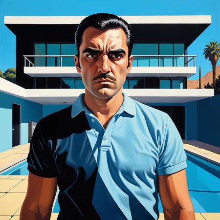 devastatingly handsome Miami blood spatter analyst in a polo shirt, thick dark eyebrows, close-set eyes with thick lashes, bedroom eyes that are completely empty and soulless, European nose, angular face with square jaw, perfect proportions, standing and looking directly at viewer with intense Kubrick stare, head tilted slightly down while eyes look up, unsettling fixed gaze with no emotion behind the eyes, wearing black leather gloves, holding a scalpel, arms at his side with hands hanging at waist level, handsome facade masking complete emptiness, full body, crime scene tape,, vibrant acrylic painting style, bold flat colors, clean geometric compositions, bright California sunlight, crisp shadows, modernist architecture, swimming pool blue tones, perfectly manicured landscapes, mid-century modern aesthetic, saturated color palette, smooth gradients, minimal detail work, contemporary pop art influence, architectural precision, optimistic 1960s atmosphere,