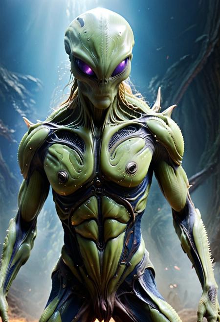 alien, creature, science fiction, a human-alien hybrid fights for freedom, (8k, masterpiece, best quality, ultra-detailed), (an extremely delicate and beautiful) cinematic lighting, Intricate, High Detail, Sharp focus, dramatic,