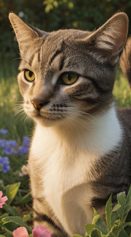 close-up, cat, in a very flowery field with diverse and beautiful colors, photorealistic, HDR