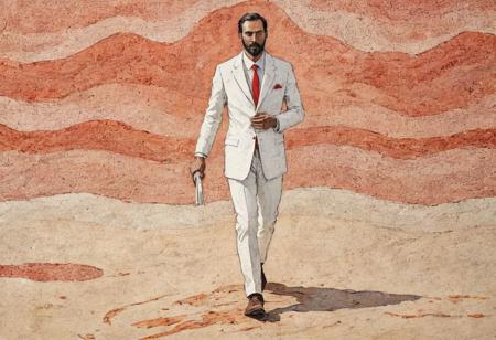 old book style ink illustration, on parchment, ink splashes, ink stains, ink smears, faded ink,(Digital Art by Peter Doig and Andrea Pisano: 1.2), A French man in a white suit, dressed in pure white clothes, walking on the beach, (lightweight suit),noon, baked by the bright sun, red sand, the magical solar aesthetics of mosaic art, unconventional supreme masterpieces, exquisite details, intelligent atmosphere, and gentle atmosphere. (Balanced central component, :0.5)