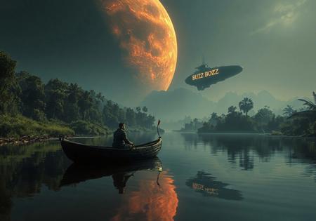 A hyperrealistic cinematic photograph, resembling a shot taken with a state-of-the-art cinema camera, extreme detailed and sharp, captures a serene moment on a lush, verdant planet within the Warhammer 30K universe. In the foreground, a small, Viking-style boat, constructed from almost black, highly detailed wooden planks, floats gently on a smooth, mirror-like river that perfectly reflects the surrounding environment. in the boat are a man and his son, silhouettes visible against the backdrop as they gaze skyward. The scene is illuminated solely by the crimson glow of a massive red giant gas planet overhead. Dominating the sky is a colossal Lunar Wolves battleship, its immense silhouette partially obscuring the gas giant, extending beyond the frame of the image. Closer to the ground, a second ship flies low, emblazoned with a giant, glowing "BUZZ" on its hull. The composition emphasizes the contrast between the tranquil, natural setting and the imposing, futuristic spacecraft, creating a poignant juxtaposition. The image is rendered in ultra-high detail, capturing the intricate textures of the boat's wood, the stillness of the water, and the atmospheric lighting, evoking a sense of awe and wonder. Eye-level shot, approximately 20 cm above the waterline, emulating the perspective of a handheld cinema camera. 