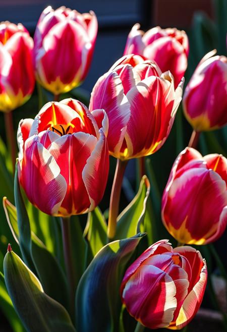 macro photo, close-up, masterpiece, 4k, ray tracing, intricate details, highly detailed, hyper realistic, 8k RAW editorial photo.
red, pink, yellow, blue, white tulips,lit by the sun, dramatic light, shallow depth of field,
