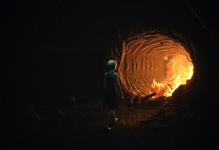 An eerie, surreal scene captured as if it were trail cam footage, depicting a strange, hairless figure stepping cautiously in front of a grotesque, inflamed conduit that seems to pulse with hunger and life. The composition blends the rich, detailed chiaroscuro of Dutch Golden Age painting with the exaggerated, stylized expressions of manga, creating an unsettling contrast between realism and the fantastical. The figure is bathed in moody shadows, with intricate, almost gothic detailing reminiscent of Harry Clarke’s haunting illustrations, while the conduit glows with a menacing, otherworldly light. The scene captures a dark, foreboding moment, filled with tension and mystery.