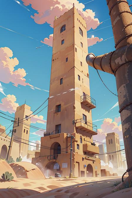 lanscape, sunagakure buildings, towers, cables, desert, dust, sand, sky cloud, pipes, electricity, cloudy sky, anime style, ghibli style, <lora:ARWSunagakure:1>