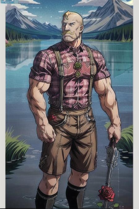 anime artwork,  Armstrong wearing a lederhosen shorts and crosspiece with Copper rose colored checkered shirt , in Lake Clark National Park and Preserve, anime style, key visual, vibrant, studio anime, highly detailed <lora:Lederhosen-v1:.6> <lora:add_detail:1>  <lora:armstrong:.6>