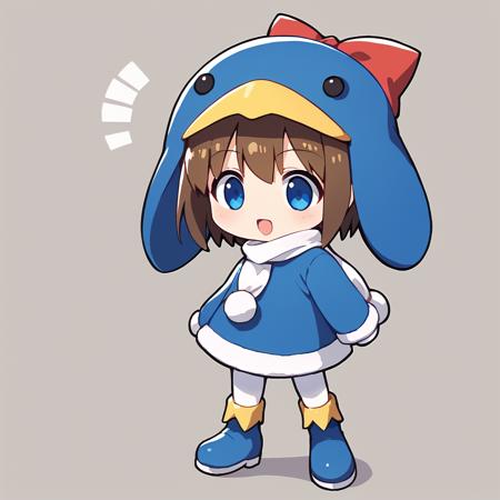 ecoco, brown hair, short hair, blue eyes, blue hat, animal hat, red bow,  winter clothes, long sleeves, white scarf, white pantyhose, mittens, boots bird, penguin