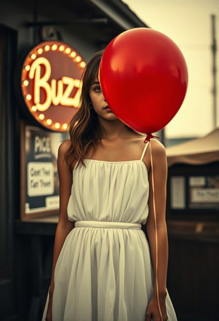 Off-center composition,A extremly fully detailed of a girl in a white dress,
photo copy look like the 1900's old photo "black and white"except the balloon wich is red,bright colours,gritty,stained,brown light and shadows,highly detailed high budget, bokeh, cinemascope, moody, epic, gorgeous, Hyperrealistic 24k uhd, BUZZZ, sign that says "Buzz"