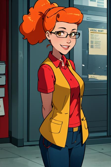 patty, solo, 1girl, glasses, orange hair, ponytail, red shirt,yellow vest, breasts, smile,looking at viewer, smile,arms behind back,pants,  best quality, masterpiece, absurdres,   <lora:pattyp2-000008:0.5>