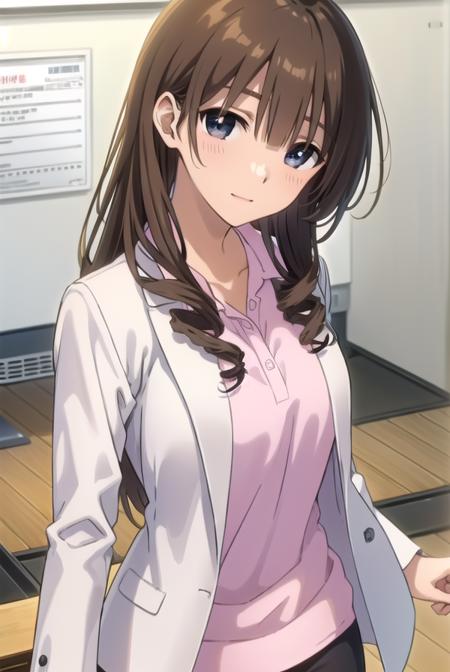 taeanegasaki, <lora:tae anegasaki s2-lora-nochekaiser:1>,
tae anegasaki, long hair, brown hair, (light brown hair:1.2) drill hair, (black eyes:1.5), bangs, blunt bangs, smile,
BREAK labcoat, shirt, (pink shirt:1.2), collared shirt, skirt, pencil skirt, black skirt, (white labcoat:1.2),
BREAK indoors, classroom,
BREAK looking at viewer, (cowboy shot:1.5),
BREAK <lyco:GoodHands-beta2:1>, (masterpiece:1.2), best quality, high resolution, unity 8k wallpaper, (illustration:0.8), (beautiful detailed eyes:1.6), extremely detailed face, perfect lighting, extremely detailed CG, (perfect hands, perfect anatomy),