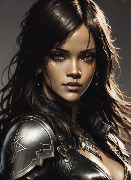 illustration of sks woman as thief in leather armor, smirk, beautiful detailed eyes, cinematic, drawn by Greg Rutkowski, Yoji Shinkawa:0.6, vibrant colors, <lora:locon_rihanna_v1_from_v1_64_32:1.3>