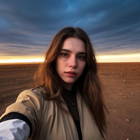 A selfie style photo of the last 25 year old woman from the last day of human kind on earth, extremely detailed, apocalypse, end of times