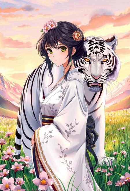 A breathtaking anime-style illustration features a serene young woman standing beside a magnificent white tiger. The woman, with her dark hair adorned with delicate pink and orange blossoms and intricate gold accessories, wears an elegant white kimono with subtle floral patterns and black accents, suggesting a traditional or fantasy setting. Her gaze is gentle yet direct, conveying a sense of quiet strength and connection with the majestic animal. The white tiger, with piercing golden eyes and striking black stripes, stands tall and protective behind her, its presence powerful yet calm. They are situated in a vibrant field of green grasses and blossoming pink and purple flowers, under a soft, diffused sky with hints of a warm sunset or sunrise. In the background, majestic, snow-capped mountains rise, hinting at a vast and beautiful natural landscape. The overall atmosphere is one of harmony, beauty, and a mystical bond between nature, human, and beast.