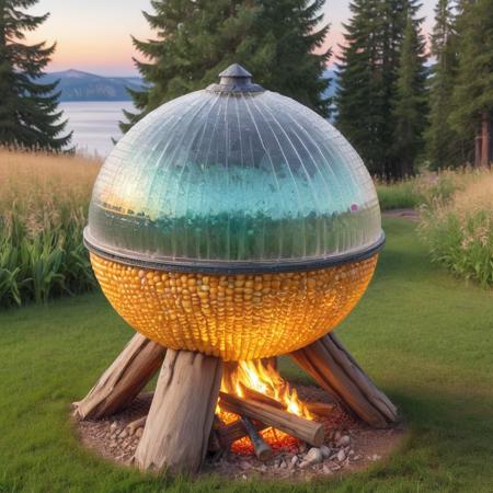 prairie, crater lake,shopping district BREAK <lora:c0rn:1>c0rn mystical crystal ball chamber, cob,polycarbonate roofing roof, campfires,solar-powered lights, patio umbrella lights