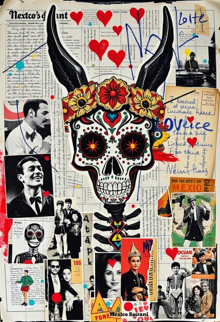 A pop art style mixed media collage artwork. Deconstructed, provocative, erotic, surreal, intense and chaotic composition. Street art textures and vibrant retro colours. 
Torn clippings of a worn newspaper photo of a Jean-Michel Basquiat illustration of a Mexican Day of the Dead Alebrije. 
Overlaying this are multiple layers of black-and-white Mexican imagery, handwritten letters, bold paint splashes, and chaotic magazine cutouts and clippings. Partially covering this, these break up the outline. Next are layered sections of repetitive brightly coloured dots are spraypainted in Yayoi Kusama style. On top of this are 1950s magazine cutouts and clippings of Mexican luchador wrestlers, and torn vintage holiday postcards with handwritten messages are glued to the layers. This partially hides sections of the images below. On the top layer are rough hand-drawn letters and love hearts scrawled heavy-handedly in blue biro onto print.