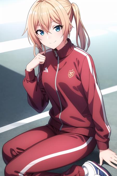 1girl, bangs, dark blue eyes, blonde hair, hair between eyes, medium hair, looking at viewer, smile, solo, twintails, homare_onishima, jacket, long sleeves, pants, red jacket, red pants, shoes, solo, track suit, <lora:add_detail:0.7>