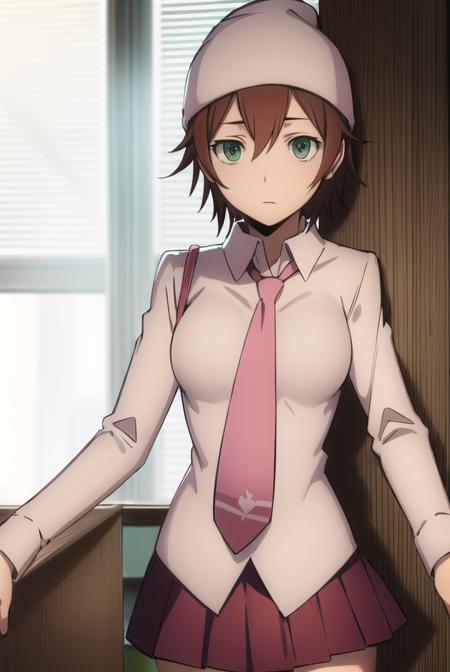 mikaharima, <lora:mika harima s1-lora-nochekaiser:1>,
mika harima, short hair, brown hair, (green eyes:1.3),
BREAK skirt, shirt, hat, beanie, school uniform, pleated skirt, necktie, white shirt, collared shirt, long sleeves, red skirt, pink necktie,
BREAK indoors, classroom,
BREAK looking at viewer, (cowboy shot:1.5),
BREAK <lyco:GoodHands-beta2:1>, (masterpiece:1.2), best quality, high resolution, unity 8k wallpaper, (illustration:0.8), (beautiful detailed eyes:1.6), extremely detailed face, perfect lighting, extremely detailed CG, (perfect hands, perfect anatomy),