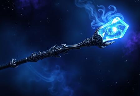 ornate staff, glowing with cosmic energy, intricate carvings along the length, radiating celestial light, a floating crystal at the tip, swirling galaxies and stars within the crystal, dark wooden core entwined with silver vines, pulsating with astral power, soft radiant glow, deep blue and purple hues, photorealism, high resolution, ((masterpiece)), soft glowing runes engraved along the staff, misty cosmic vapor swirling around the top, cosmic energy radiating from the staff, divine and powerful, ancient and revered, enchanted with celestial magic