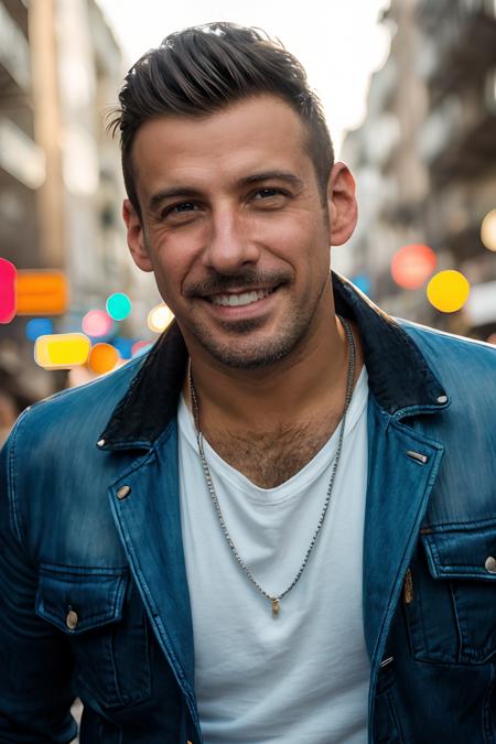 FrancescoGabbani, photo of a rugged man wearing leather jacket and jeans and white t-shirt walking down the street, smile, soft focus, photo by mark henderson, cinematic, natural lighting, muted colors, night, bokeh, face portrait, (extreme close up:1), urban, beard, dynamic pose, muscular, fog, red and blue neon city lights, alley, realistic, masterpiece, intricate details, detailed background, depth of field <lora:FrancescoGabbaniLora:1>