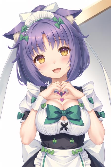 nekogui,gold eyes, <lora:super-nekogui-v7:0.94>,1girl, , solo, bow, bowtie, animal ears, breasts, heart hands, open mouth, smile, maid headdress, short sleeves, looking at viewer, blush, cat ears, hair ribbon, ribbon, puffy sleeves, cleavage cutout, :d, simple background, white background, puffy short sleeves, upper body, purple hair, maid, clothing cutout, wrist cuffs, yellow eyes, cleavage, ribbon-trimmed clothes, green bow, white bow, large breasts, short hair, ribbon trim, bangs, name tag,, white ribbon, slit pupils, green bowtie, frills, apron, underbust