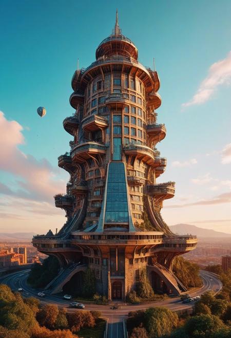 Visualize a futuristic tower, geometry and digital artwork by yerka, symbolizing online community in the style of incorporate elements that evoke a sense of magic, building with a large spaceship complex, elegant, expansive, fantastical, film photography style, heavy grain