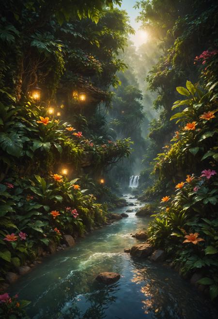 unreal engine 5 render,jungle,river,flowers,extremely detailed,colorful,, ultra quality, ultra detailed, intricate details, 8k, hdr, epic realistic, tilt-shift, Bokeh, dramatic light, dynamic lighting, golden hour, moody lighting, night time, shadow, award-winning, ultrarealistic, octane, cinematic<lora:SDXLFaeTastic2400:1><lora:SDXLFaeTastic2400:1>