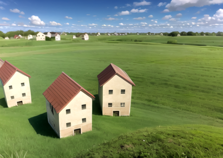 a group of houses in a field with a sky background, <lora:Level94-10:0.65>