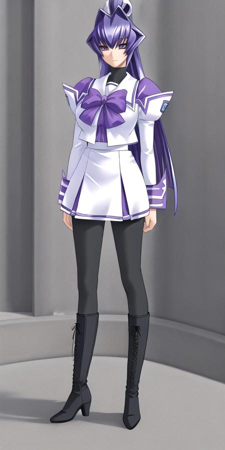 <lora:MitsurugiMeiyaV2:0.7> mitsurugimeiya, huge_breast, standing, solo, School_uniform_White_shirt_White_skirt_Purple_bowtie_Black_pantyhose_Black_boots_Black_turtleneck,, masterpiece, best quality, detailed face, detailed eyes, highres,