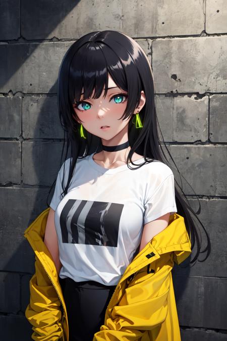 masterpiece, best quality, absurdres, perfect anatomy, 1girl, solo, Souryuuin Akemi, long hair, hime cut, earrings, sharp eyes, choker, neon shirt, open jacket, turtleneck sweater, night, against wall, brick wall, graffiti, dim lighting, alley, looking at viewer, <lora:SouryuuinAkemi-000005:1>