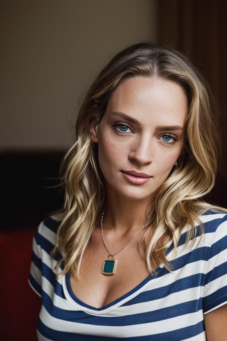 <lora:um4thurm4n:0.9>, a Realistic photo of um4thurm4n woman, long hair, breasts, looking at viewer, blue eyes, blonde hair, large breasts, shirt, cleavage, jewelry, sitting, barefoot, striped, necklace, mole, bracelet, lips, realistic, downblouse, soft lighting, professional Photography, Photorealistic, detailed eyes, RAW, analog, sharp focus, 8k, HD, DSLR, high quality, Fujifilm XT3, film grain, award winning, masterpiece