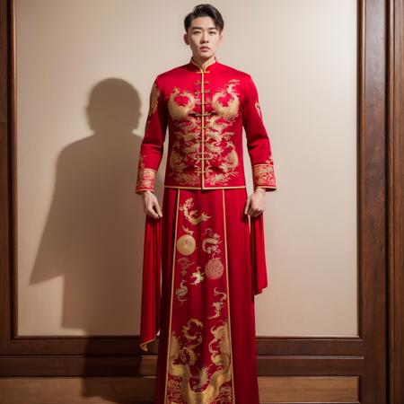 (8k, RAW photo, best quality, masterpiece:1.2), (realistic, photo-realistic:1.4), ultra-detailed, (young male internet celebrity),masculine style,perfect detail ,  make up,(full body:1.5),chinese style architecture,a man, a chinese dress with a dragon on it,<lora:nzshs-10:0.7>