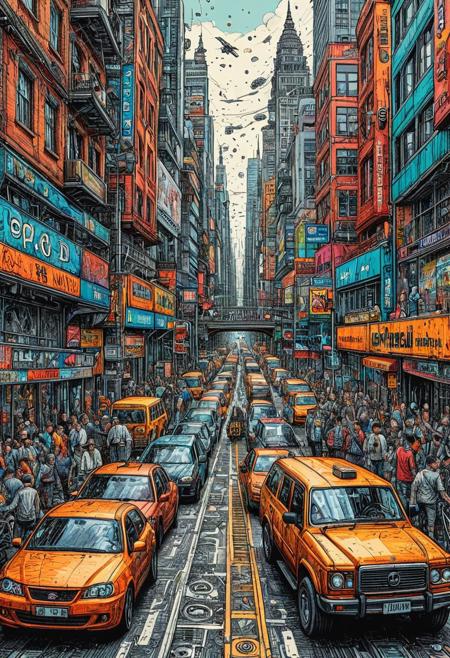 An epic, ink art, line art  painting of Busy Street in modern city ,the city exists in a parallel universe in which wheels didn't yet invented, (((sharp focus))), (hyperdetailed:1.3), (intricate details:1.2), (Refined details:1.3), (best quality:1.5), highly detailed textures, vibrant colours, (ultra sharp focus:1.3)
