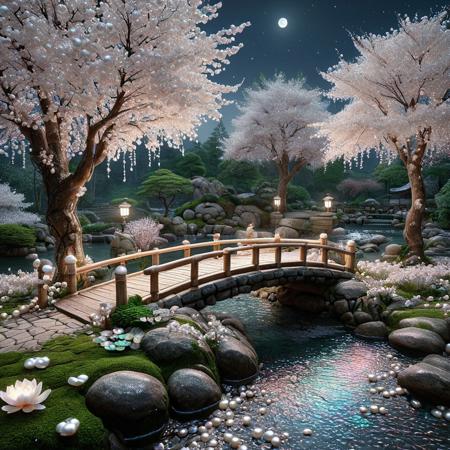 Pearlum,
8k, score_9, score_8_up, score_7_up,
masterpiece,realistic,ultra detailed, vibrant colors,photo-realistic,
A serene Japanese garden at twilight, featuring a tranquil koi pond with delicate water lilies, a traditional stone lantern glowing softly, moss-covered rocks, and a curved wooden bridge surrounded by blooming cherry blossoms. The scene is bathed in a pearlescent, iridescent glow, with gentle mist adding a mystical atmosphere. The Pearl Morph LoRA enhances the luminous textures of water, petals, and stones, creating a dreamy, ethereal aesthetic, highly detailed, cinematic lighting, vibrant yet soft colors, 8k resolution.