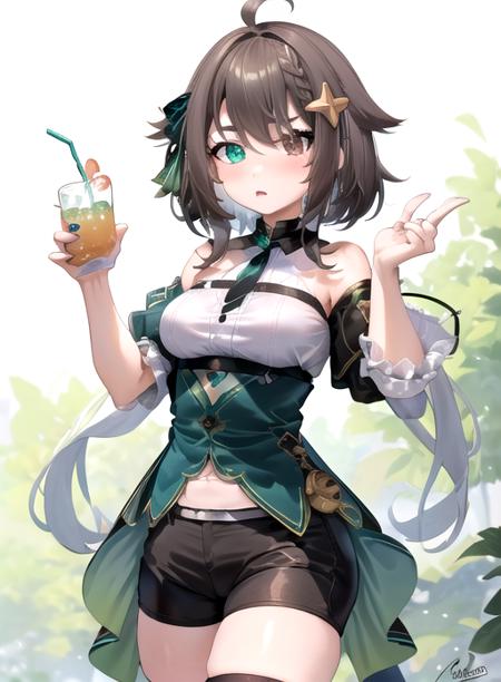 best quality, (masterpiece),(ultra-detailed), (high quality), (high resolution),  <lora:meica-10:0.7>,1girl, ahoge, black shorts, blush, braid, breasts, brown eyes, brown hair, detached sleeves, drink, frilled sleeves, green background, green bow, green eyes, hair between eyes, hair ornament, heterochromia, holding weapon, looking at viewer, meica, nail polish, ribbon, short sleeves, signature, solo, star hair ornament, virtual youtuber, witch