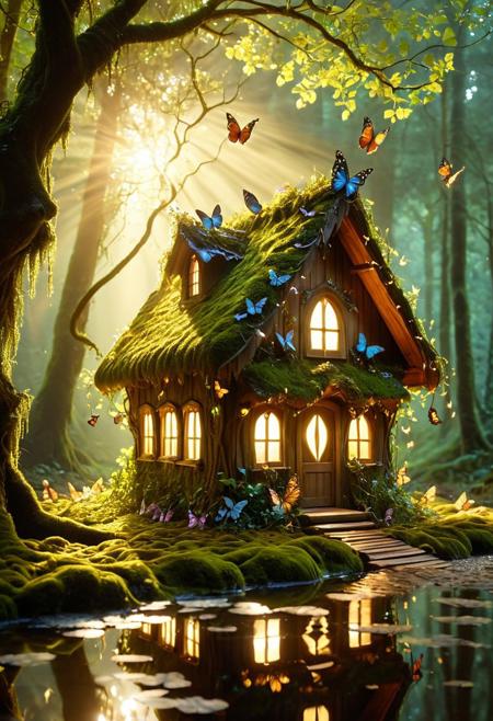 a charming small house deep in an enchanted forest, soft moss-covered roof, wooden walls intertwined with glowing butterfly-shaped vines, bioluminescent butterflies gently hovering around, warm golden light glowing from the windows, delicate reflections on wet leaves and puddles, ethereal mist with soft rays of light piercing through tall trees, dreamy atmosphere, shallow depth of field, intricate textures, cinematic lighting, natural reflections, glowing particles floating in the air, peaceful and magical setting, butterflyStyle