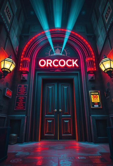 A nightclub door, focus on the door, view from below, in the style of an oil painting, scifi, cosmic, astral, ziggurat , neon spotlights, neon signs, "ORCOCK"