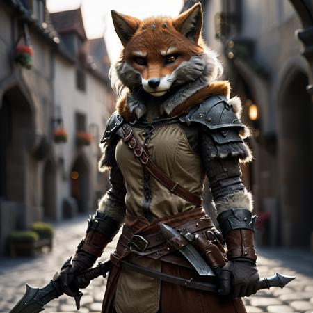 highly detailed full color candid photo of a werefox:1.2, 1girl,
werefox, solo, holding weapon, gauntlets,
realistic, depth of field, blurry background,
medieval town square,
(silhouette lighting:1.2),
